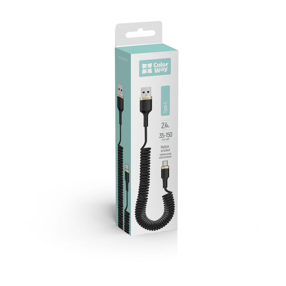 ColorWay Kábel USB Type-C (spiral) 2.4A 1m, black, (CW-CBUC051-BK)