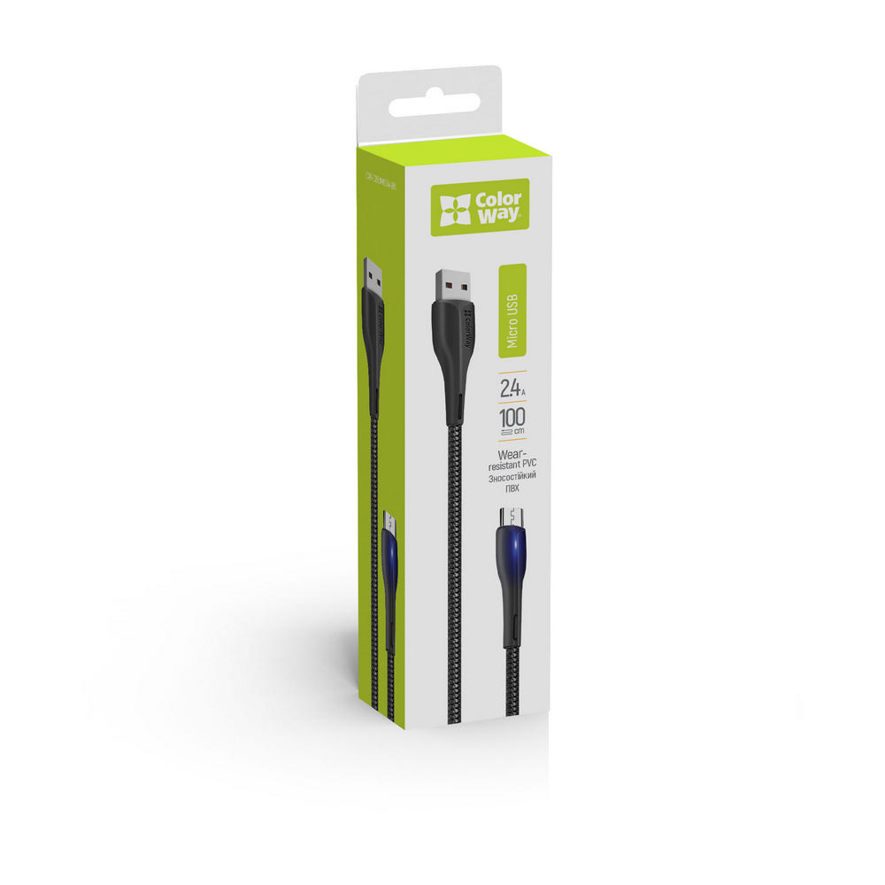 ColorWay Kábel USB MicroUSB (PVC + LED) 2.4A 1m, black (CW-CBUM034-BK)