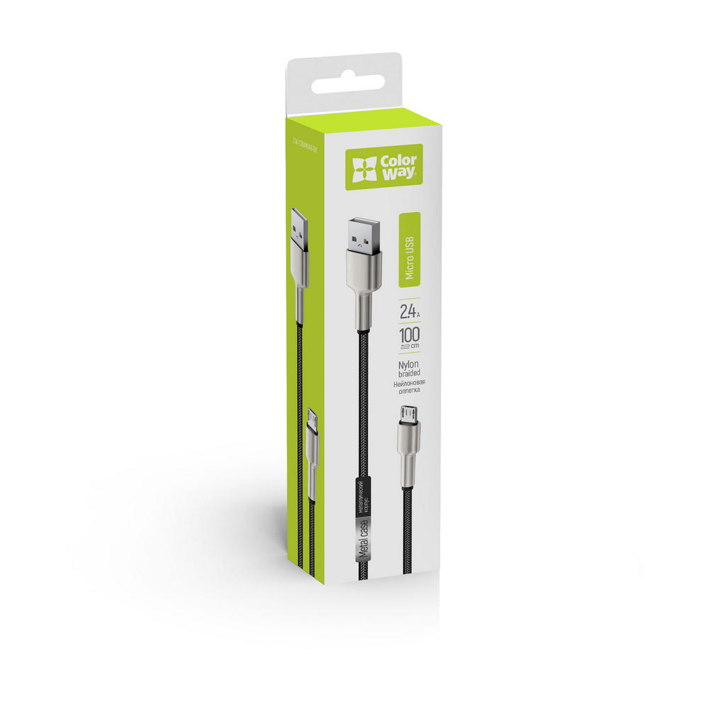 ColorWay Kábel USB MicroUSB (head metal) 2.4A 1m, black (CW-CBUM046-BK)