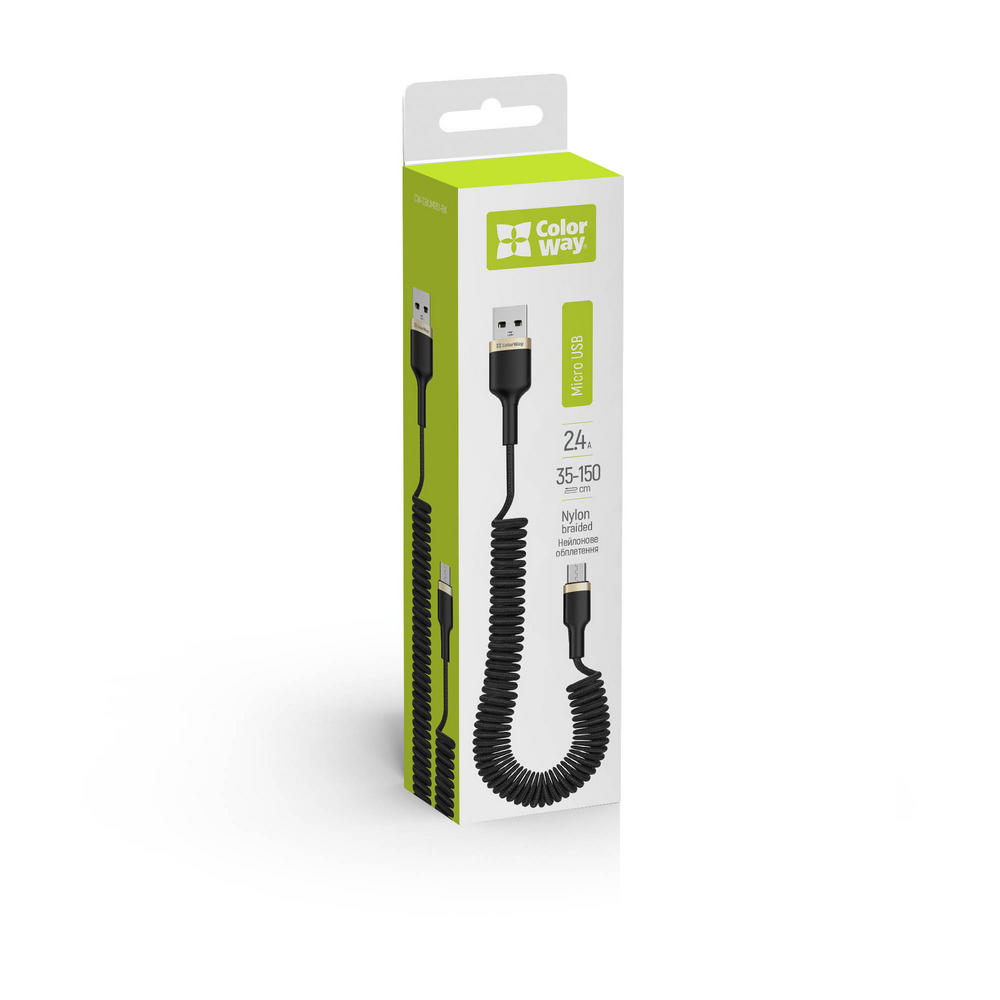 ColorWay Kábel USB MicroUSB Spiral 2.4A 1m, black (CW-CBUM051-BK)