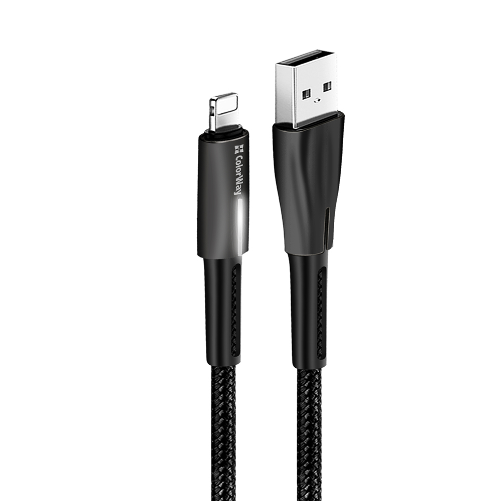 ColorWay Kábel USB Apple Lightning (zink alloy + LED) 2.4A 1m, black (CW-CBUL035-BK)