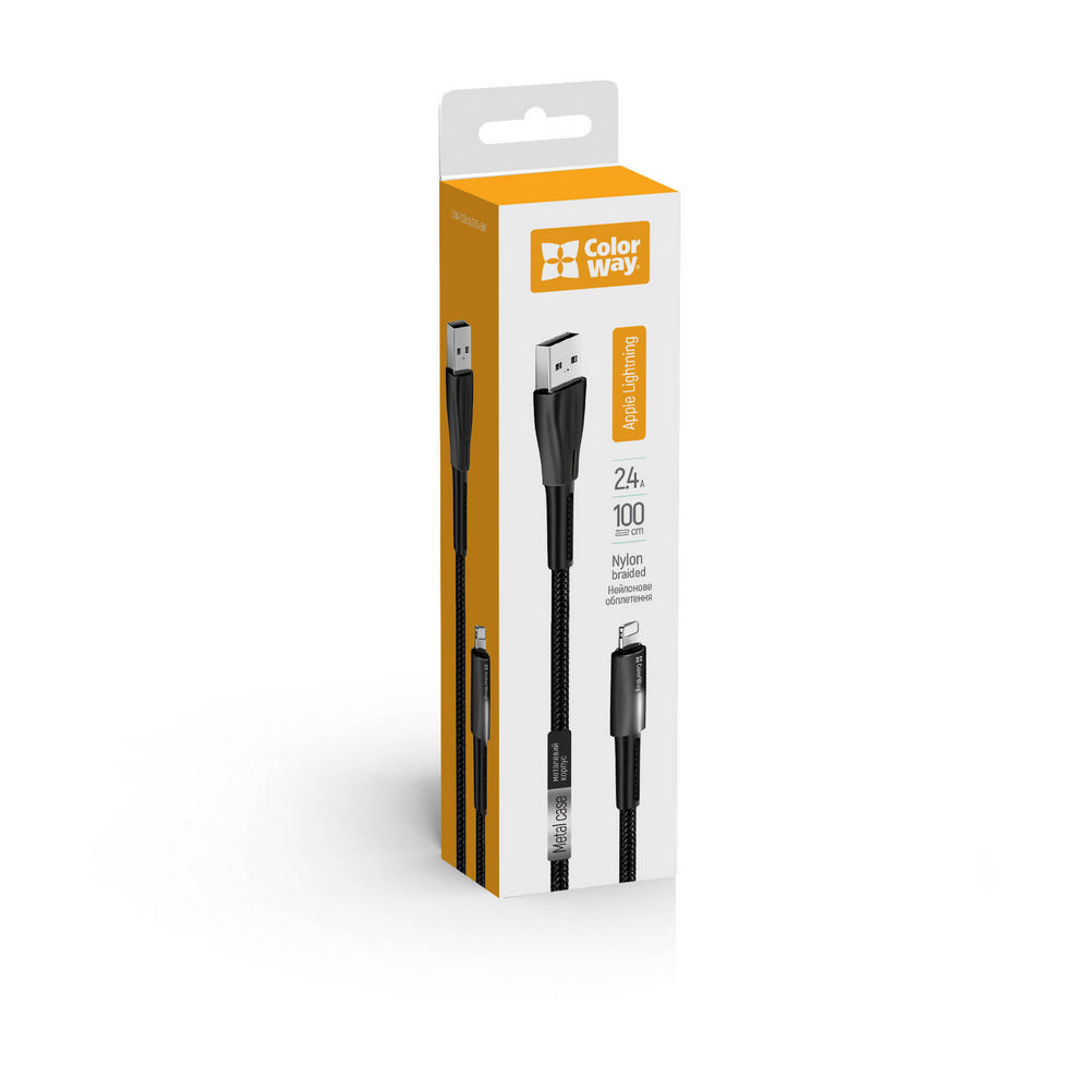 ColorWay Kábel USB Apple Lightning (zink alloy + LED) 2.4A 1m, black (CW-CBUL035-BK)