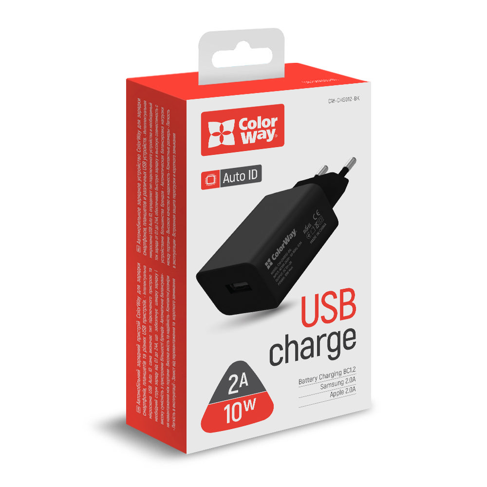 ColorWay AC nabíjačka 1xUSB AUTO ID 2.0A (10W), čierna, (CW-CHS012-BK)