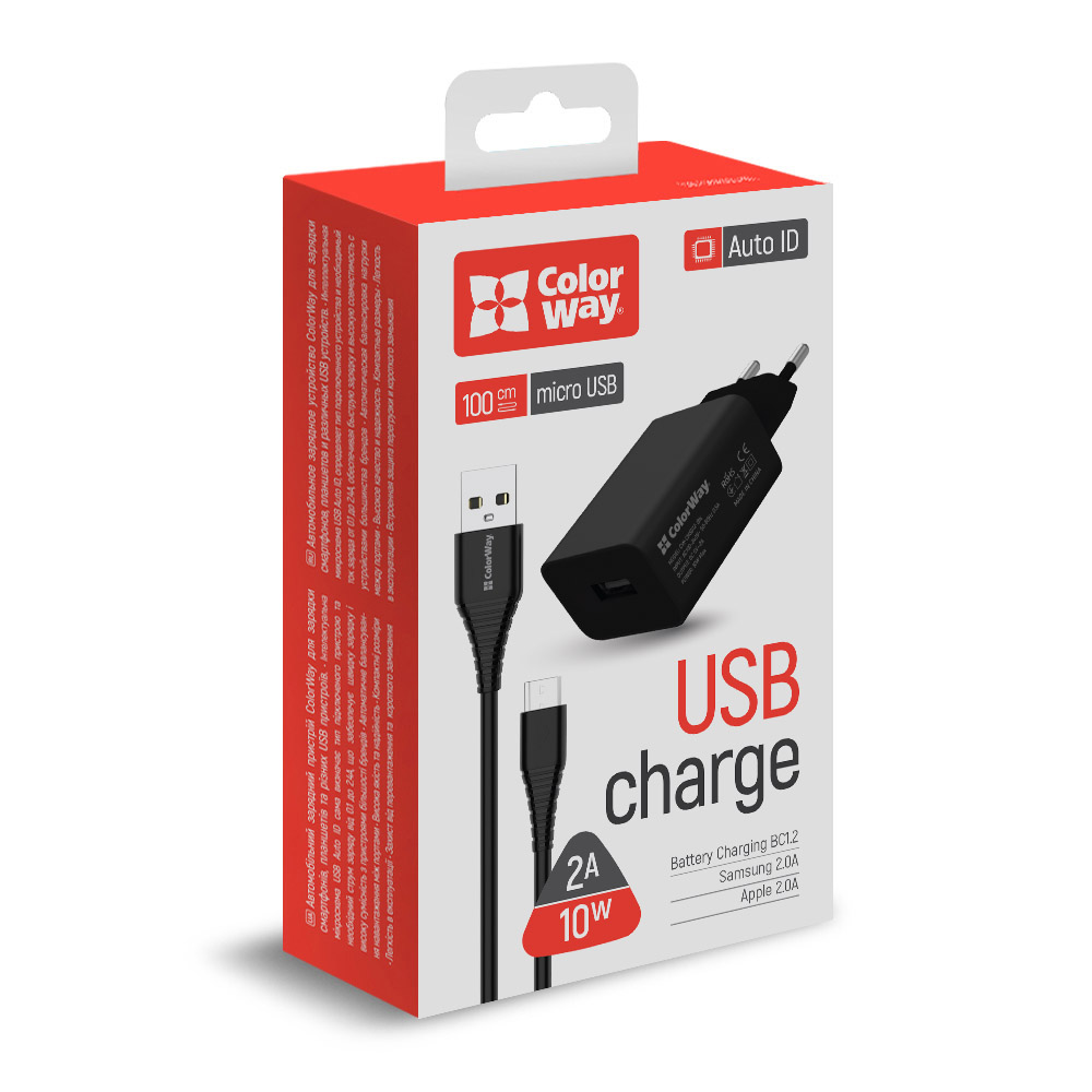 ColorWay AC nabíjačka 1xUSB AUTO ID 2.0A (10W) čierna+kábel MicroUSB, 1m, (CW-CHS012CM-BK)
