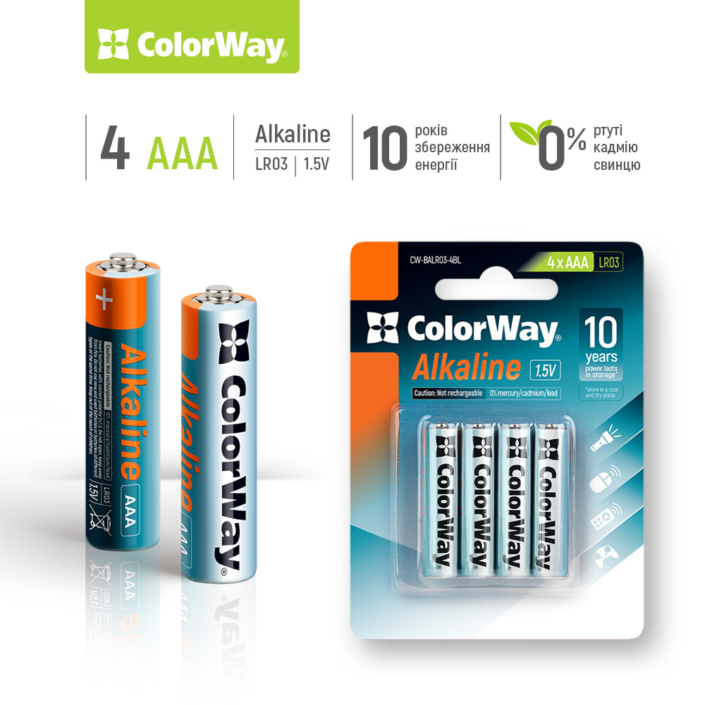 Batérie ColorWay Alkaline Power AAA, 4ks, blister, (CW-BALR03-4BL)