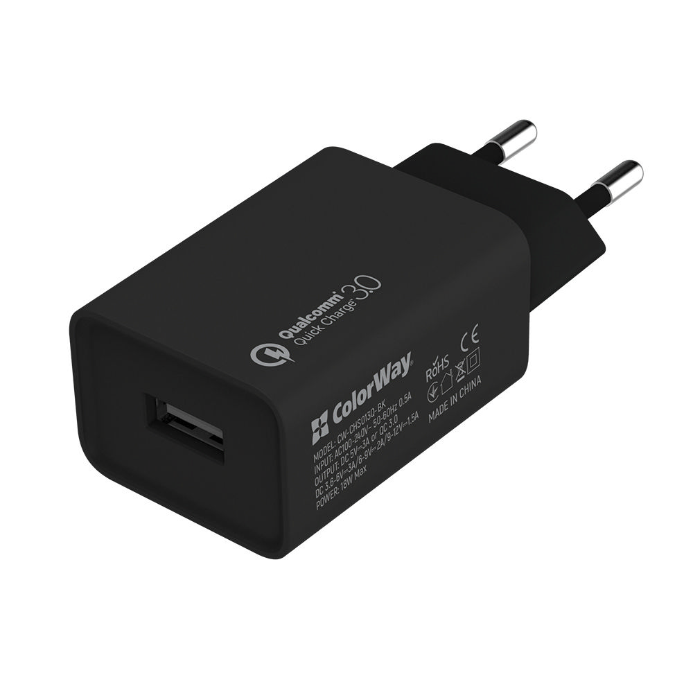 ColorWay AC nabíjačka 1xUSB Quick Charge 3.0 (18W) čierna, (CW-CHS013Q-BK)