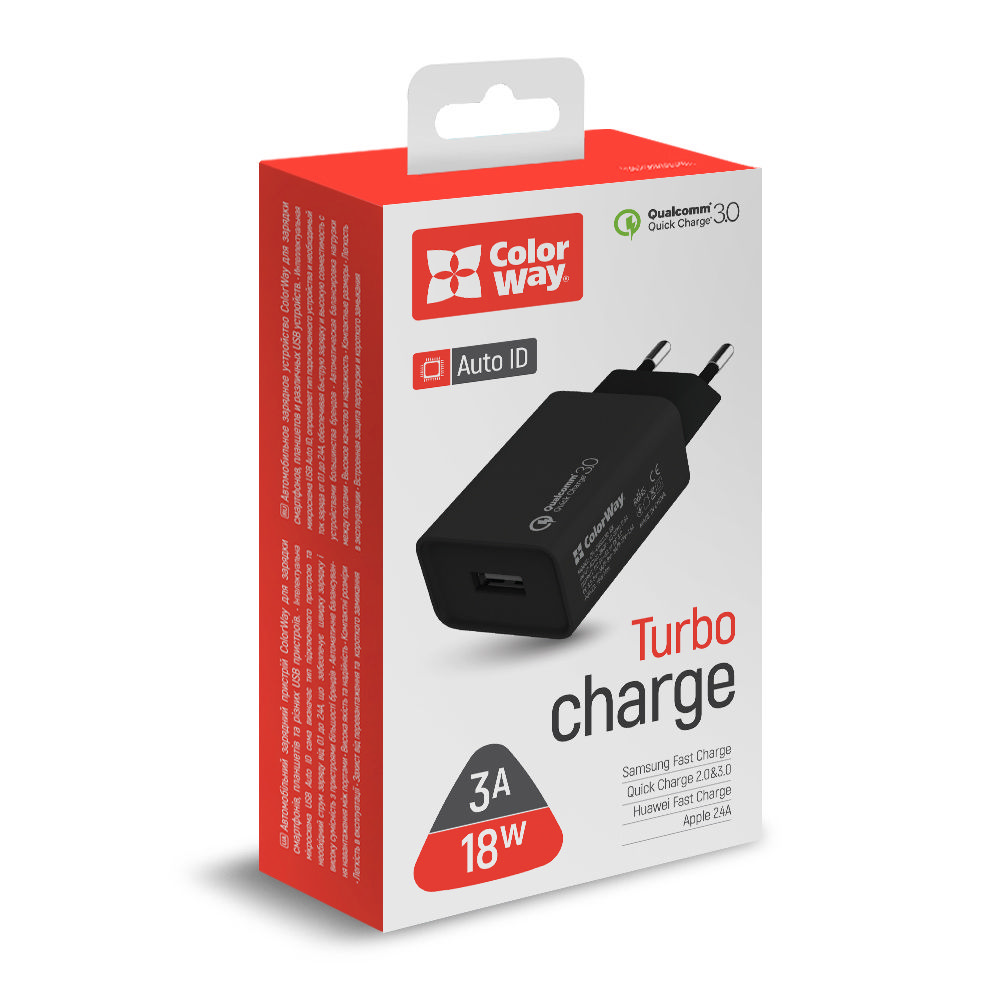 ColorWay AC nabíjačka 1xUSB Quick Charge 3.0 (18W) čierna, (CW-CHS013Q-BK)