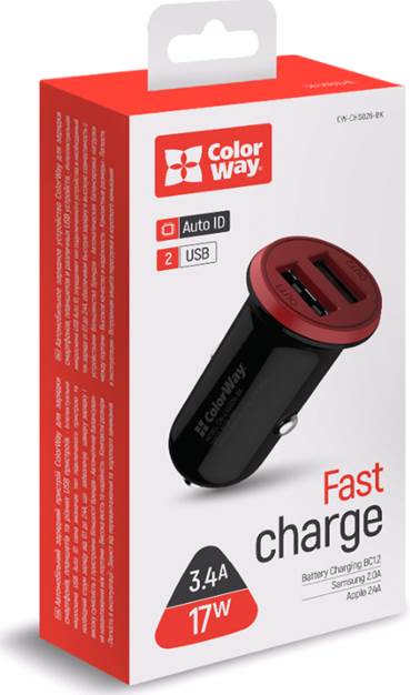 Nabíjačka do Auta ColorWay 2USB AUTO ID 3.4A (17W) červeno-čierna (CW-CHA026-BK)
