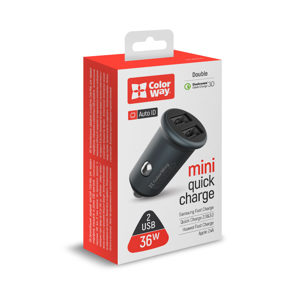 Nabíjačka do Auta ColorWay 2USB Quick Charge 3.0 (36W), šedá (CW-CHA036Q-GR)