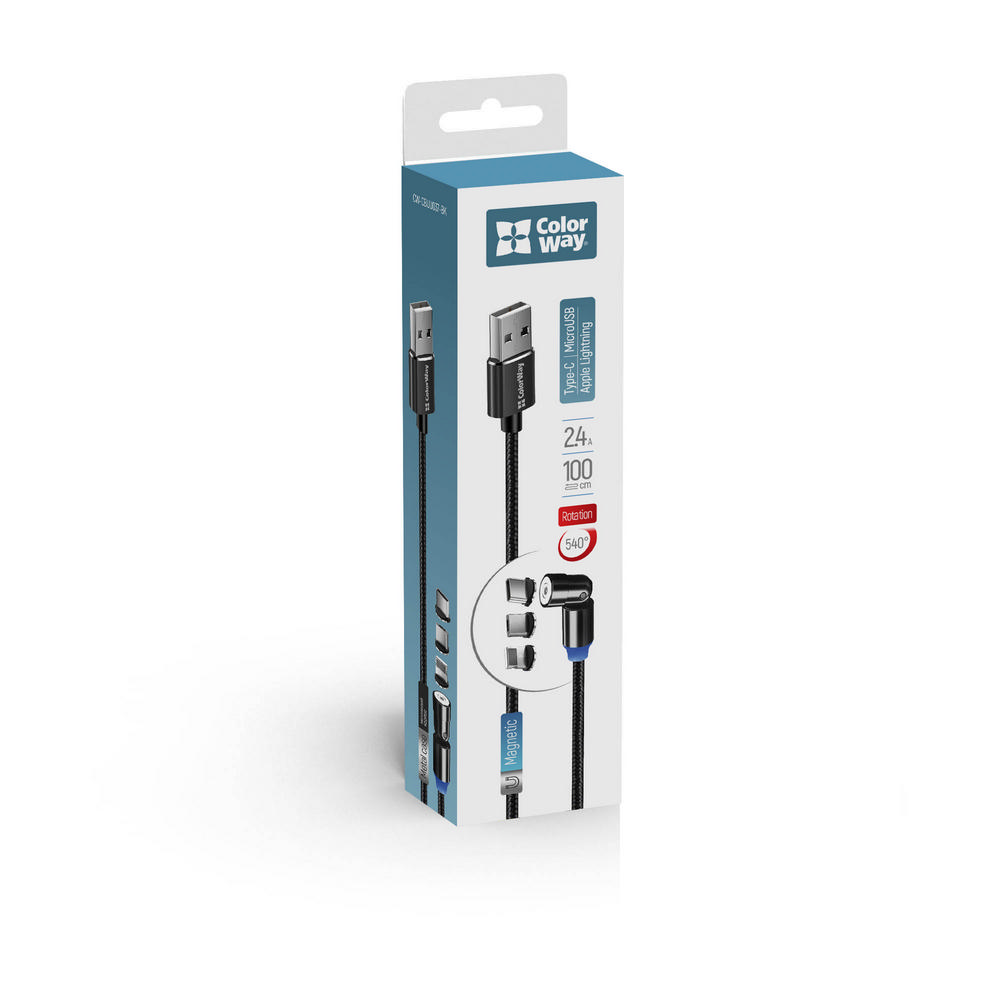 ColorWay Kábel univerzálny 3v1 (Lightning+MicroUSB+Type-C) magnetický, rotácia 540° 2.4A, 1m, čierny (CW-CBUU037-BK)