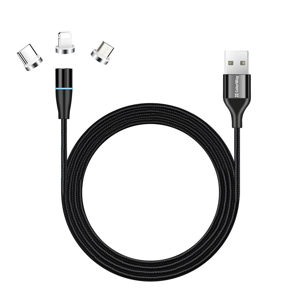 ColorWay Kábel univerzálny 3v1 (Lightning+MicroUSB+Type-C) magnetický, rotácia 540° 2.4A 1m, čierny (CW-CBUU038-BK)