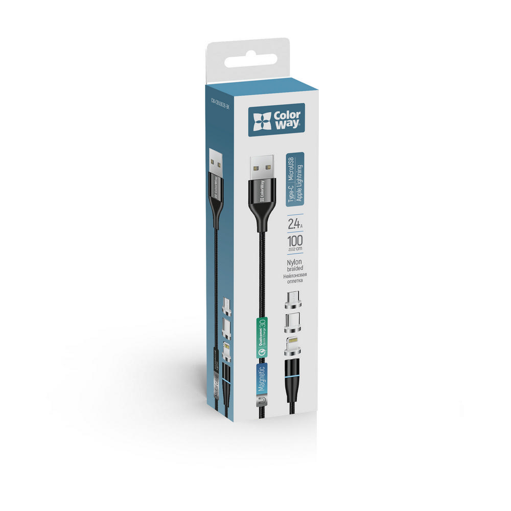 ColorWay Kábel univerzálny 3v1 (Lightning+MicroUSB+Type-C) magnetický, rotácia 540° 2.4A 1m, čierny (CW-CBUU038-BK)
