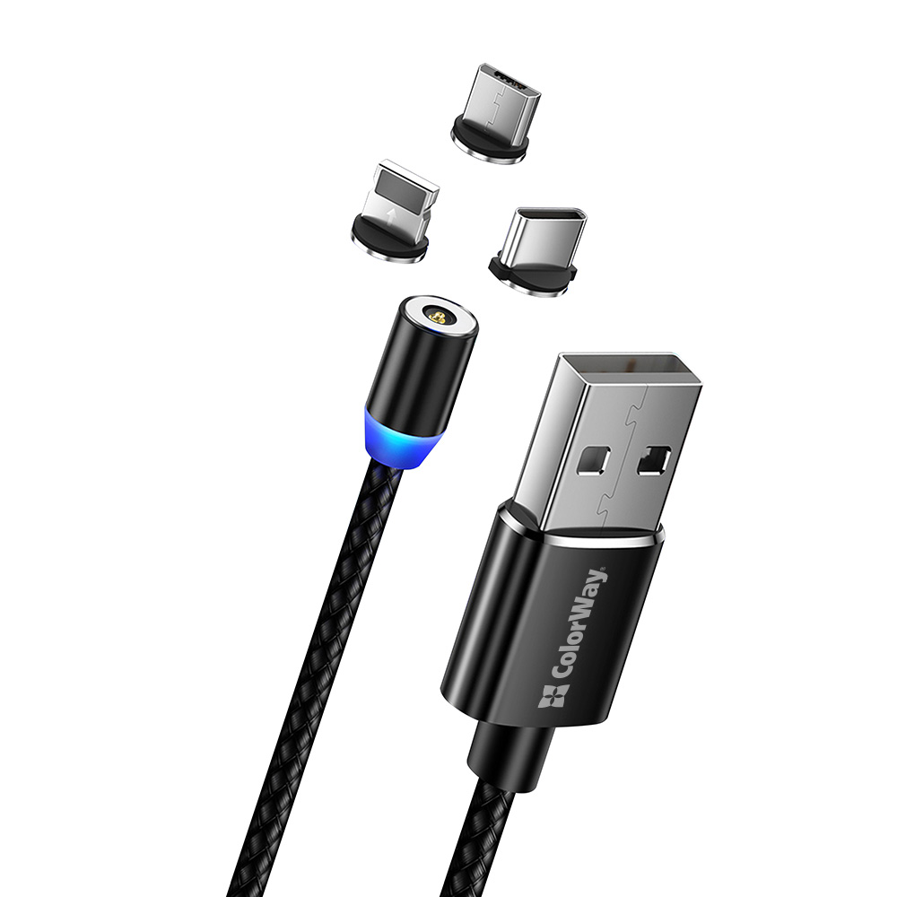 ColorWay Kábel univerzálny 3v1 (Lightning+MicroUSB+Type-C) magnetický, 2.4A, 1m, čierny (CW-CBUU020-BK)