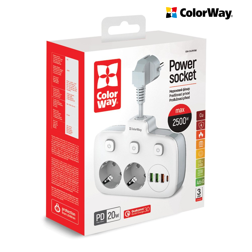 Predlžovací kábel ColorWay 2x220V/3xUSB-A/1xUSB-C, biely (CW-CHE24PDW)