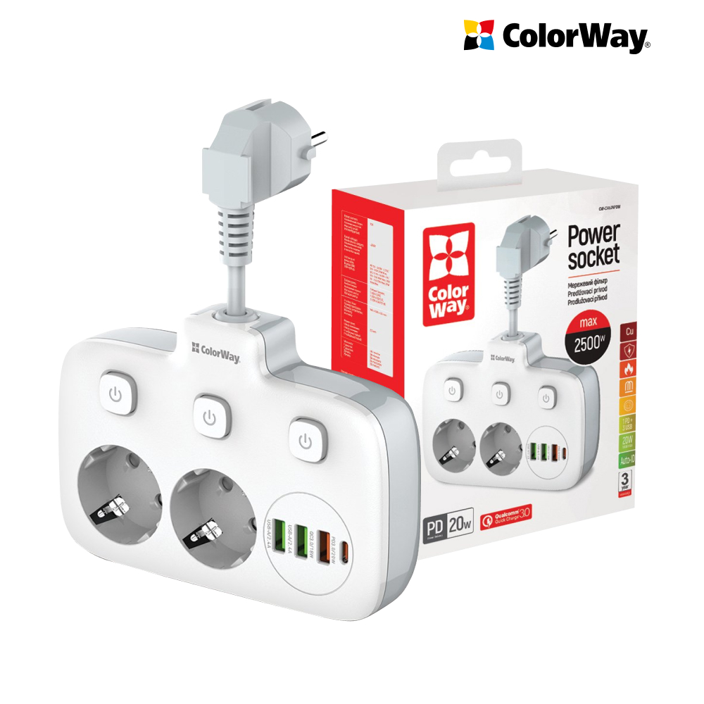 Predlžovací kábel ColorWay 2x220V/3xUSB-A/1xUSB-C, biely (CW-CHE24PDW)