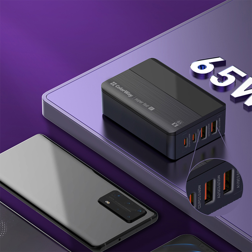 ColorWay AC nabíjačka Power Delivery (2USB-A + 2USB TYPE-C), 65W, čierna (CW-CHS040PD-BK)