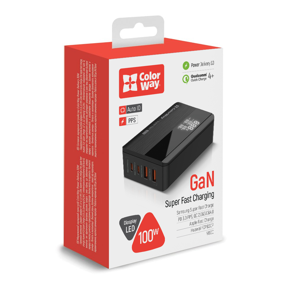 AC nabíjačka ColorWay Power Delivery GaN (2USB-A + 2USB TYPE-C) (100W), čierna, (CW-CHS041PD-BK)
