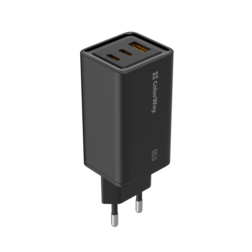 AC nabíjačka ColorWay GaN3 Pro Power Delivery (USB-A + 2 USB TYPE-C), 65W, čierna, (CW-CHS039PD-BK)