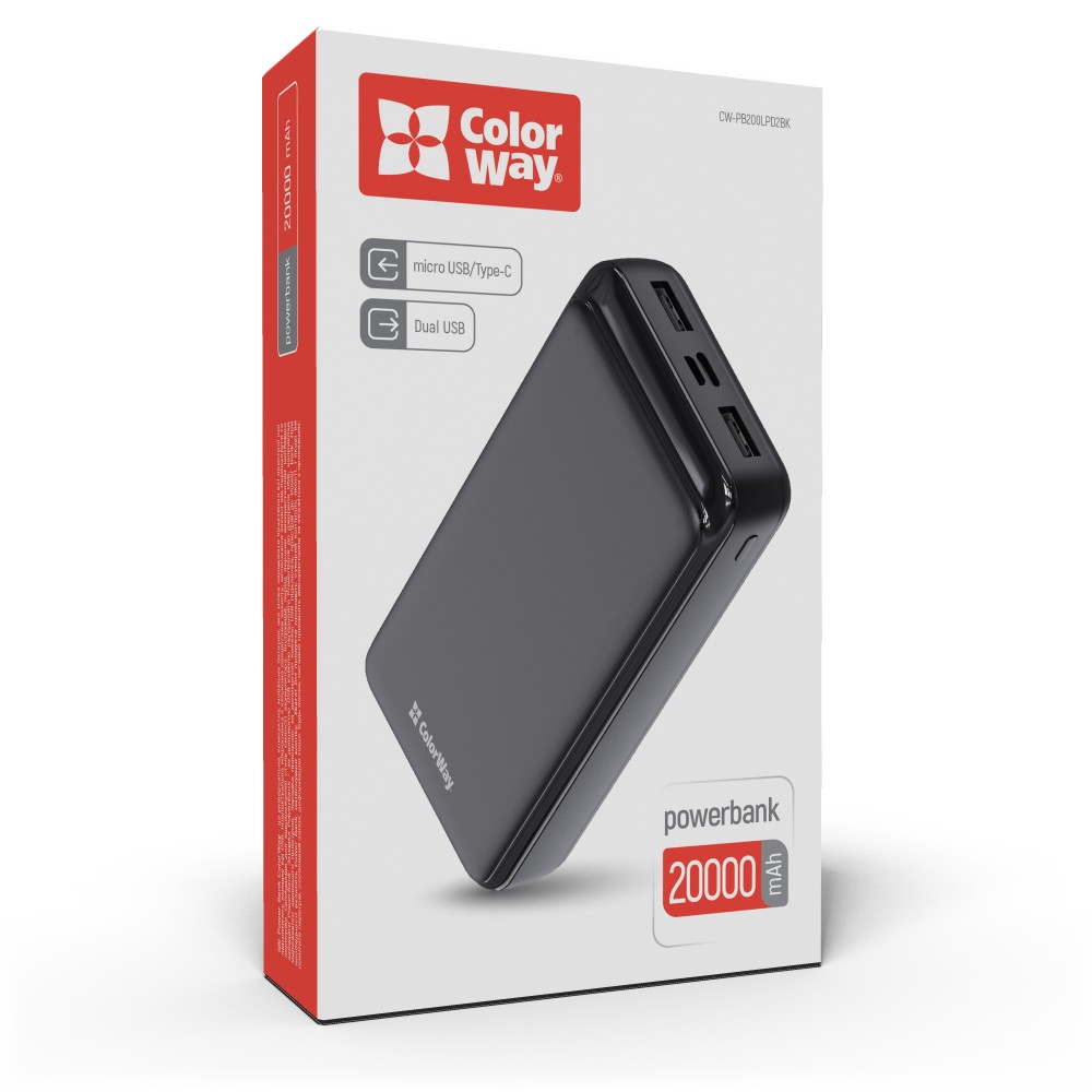 Power Bank ColorWay 20 000 mAh Slim, Čierna (CW-PB200LPD2BK)