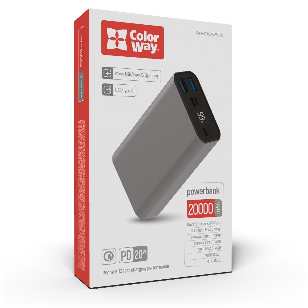 PowerBank ColorWay 20 000 mAh Full (USB QC3.0 + USB-C Power Delivery 22.5W) Šedá (CW-PB200LPH3GR-PDD)
