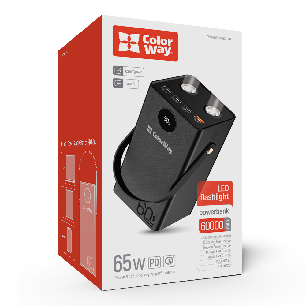 PowerBank ColorWay 60 000 mAh Powerful (USB QC3.0 + USB-C Power Delivery 65W) Čierna (CW-PB600LPA5BK-PDD)