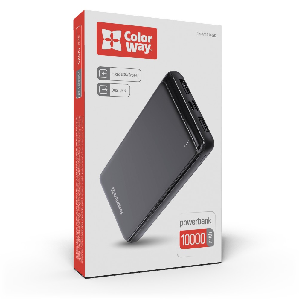

PowerBank ColorWay 10 000 mAh Slim, Čierna (CW-PB100LPF2BK)