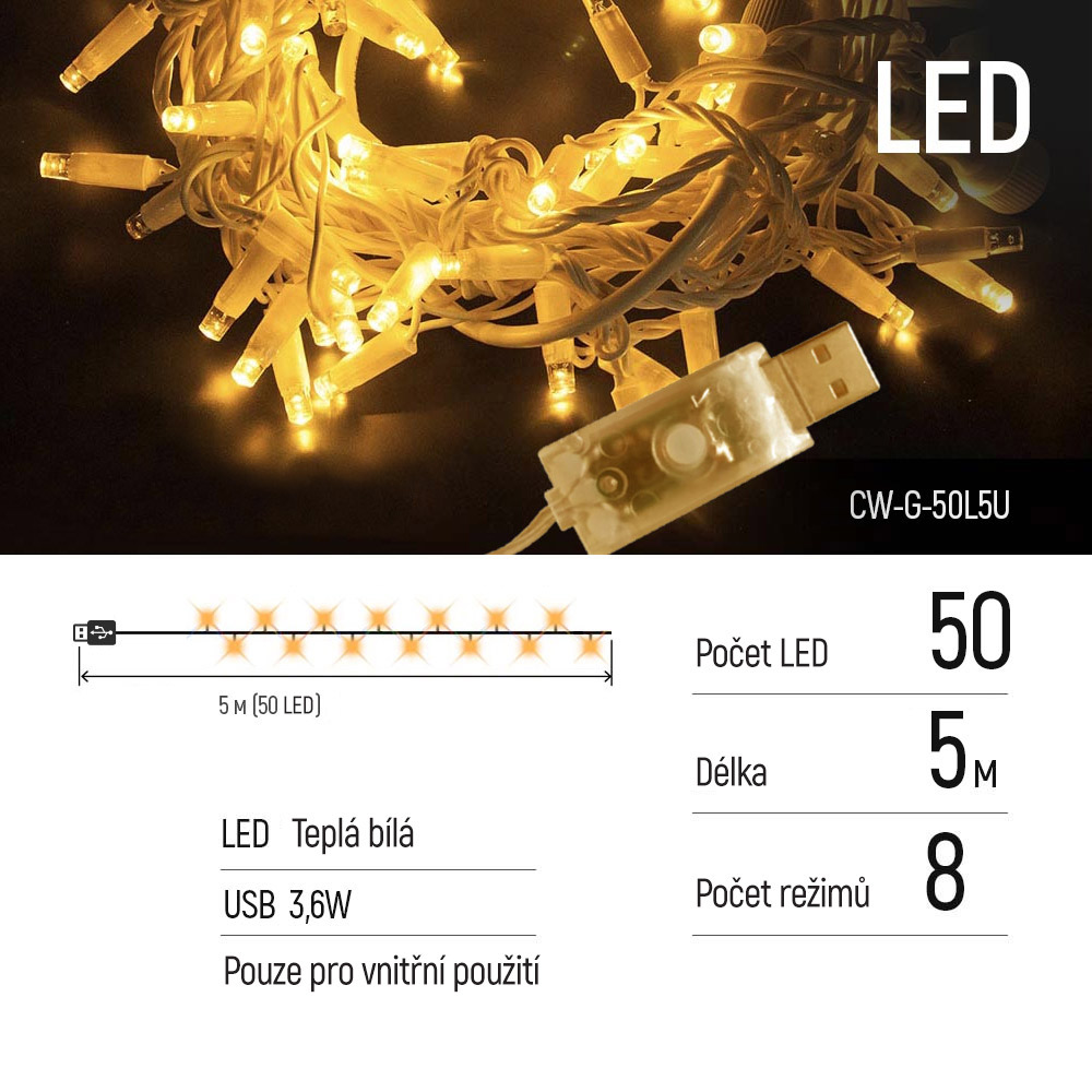LED reťaz ColorWay 50led, 5m, 8-funkcíí, USB (CW-G-50L5U)