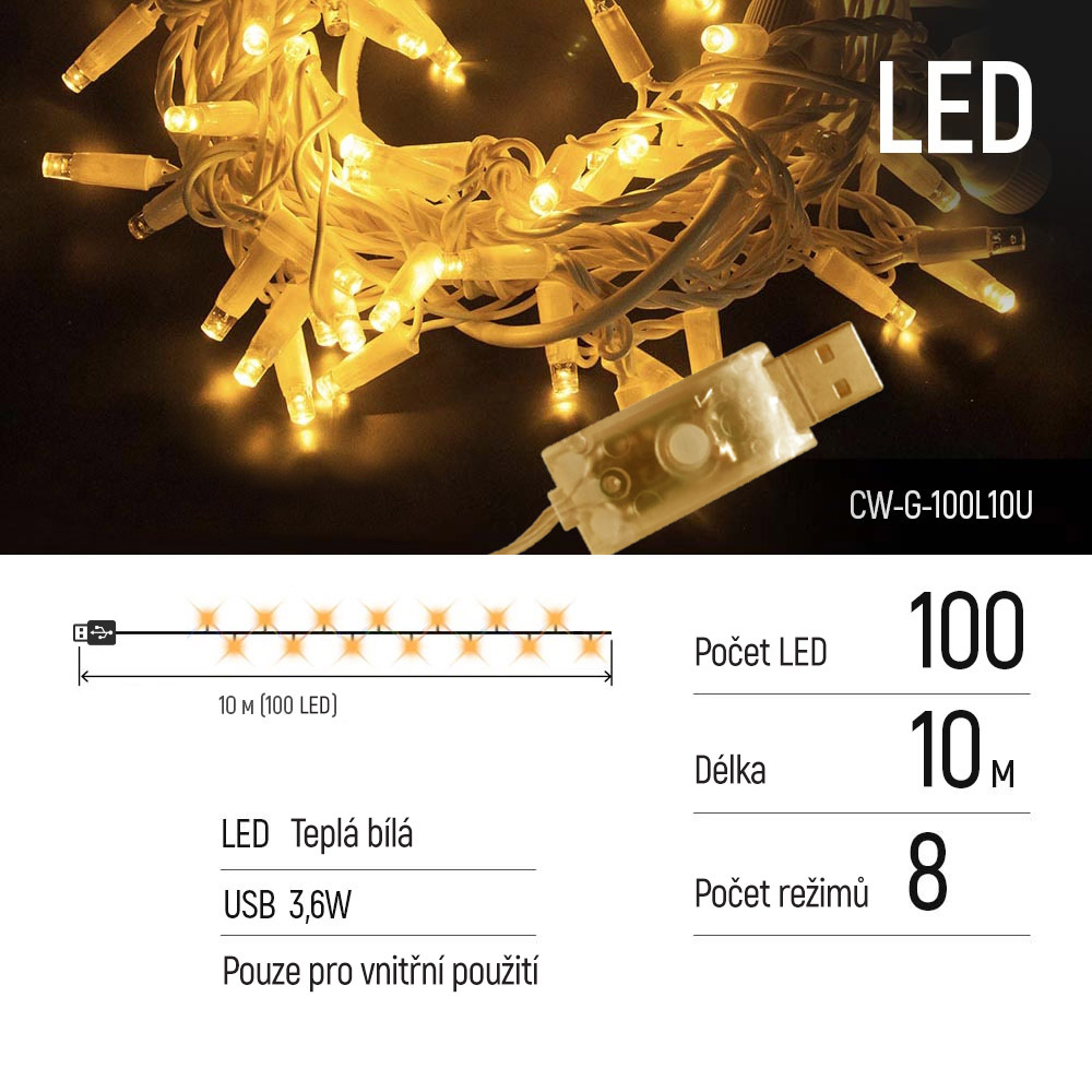 LED reťaz ColorWay 100led, 10m, 8-funkcíí, USB (CW-G-100L10U)