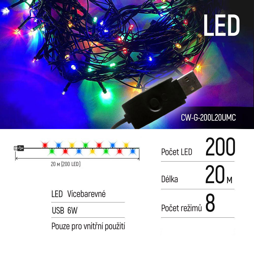 LED reťaz ColorWay 200led, 20m, 8-funkcíí, USB, multicolor, (CW-G-200L20UMC)