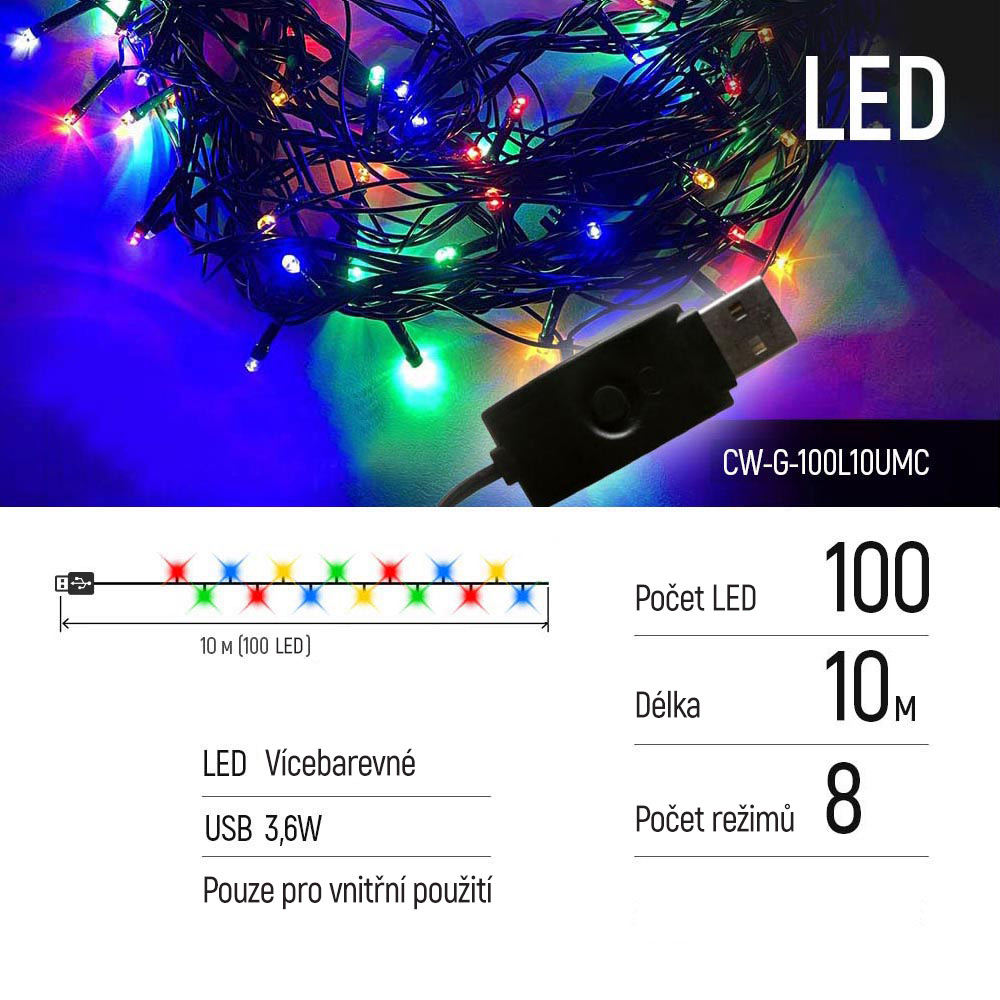 LED reťaz ColorWay 100led, 10m, 8-funkcíí, USB, multicolor (CW-G-100L10UMC)