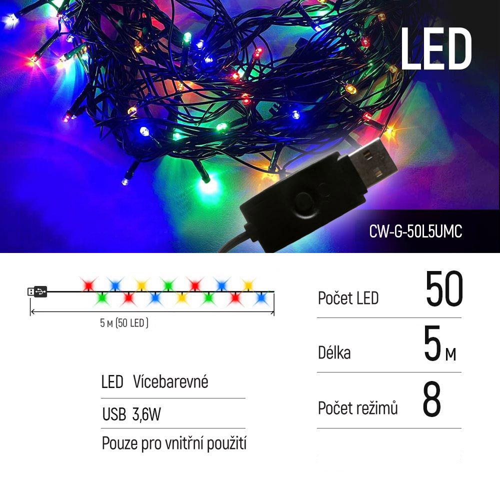 LED reťaz ColorWay 50led, 5m, 8-funkcíí, USB, multicolor (CW-G-50L5UMC)