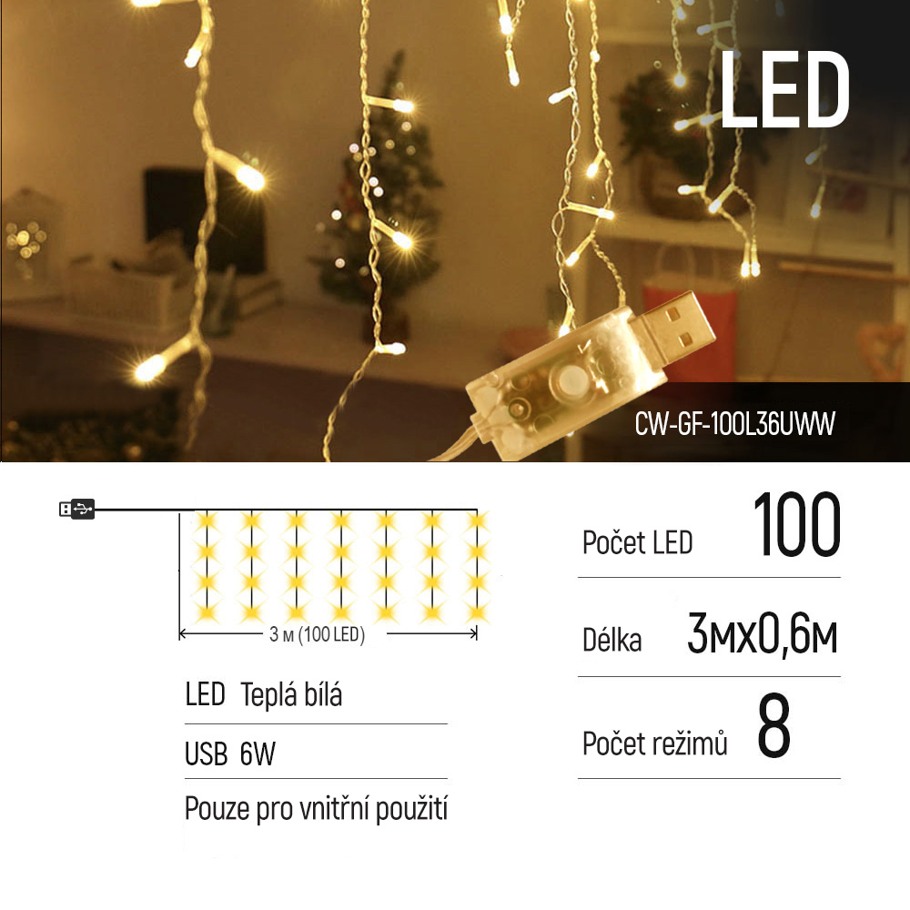 ColorWay LED girlanda СolorWay - strapce 3m x 0.6m 100LED, USB, IP20, teplá biela (CW-GF-100L36UWW)