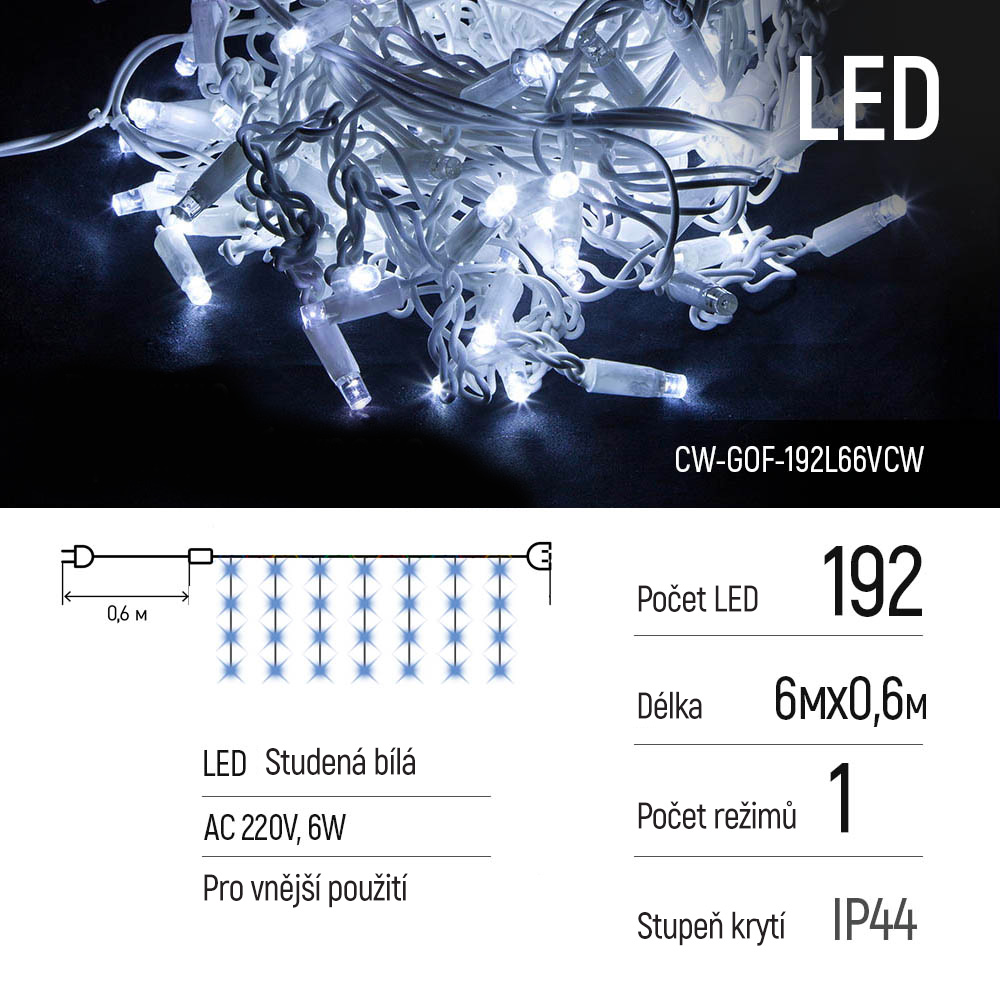 ColorWay LED vonkajšia girlanda СolorWay - strapce 6mx0.6m, 192Led, IP44,studená biela (CW-GOF-192L66VCW)
