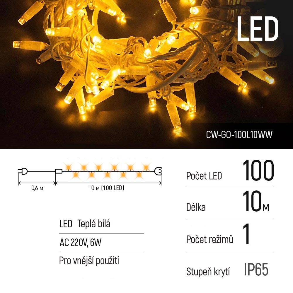 ColorWay LED vonkajšia girlanda СolorWay - reťaz,10m,100Led,IP65, teplá biela,(CW-GO-100L10WW)