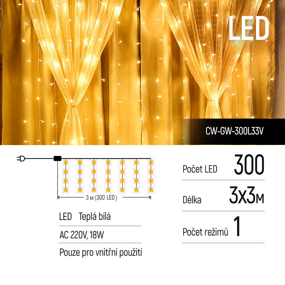 LED girlanda ColorWay - záves, 3x3m, 300LED, teplá biela (CW-GW-300L33V)