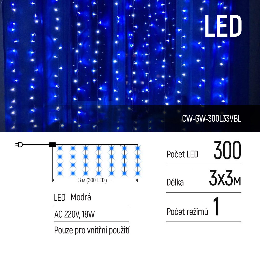 LED girlanda ColorWay - záves, 3x3m, 300LED, modrá žiara (CW-GW-300L33VBL)