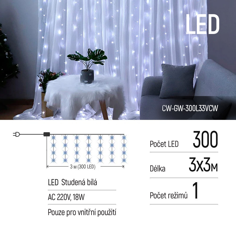 LED girlanda ColorWay - záves, 3x3m, 300LED, studená biela (CW-GW-300L33VCW)