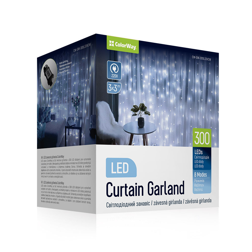 LED girlanda ColorWay - záves, 3x3m, 300LED, studená biela (CW-GW-300L33VCW)