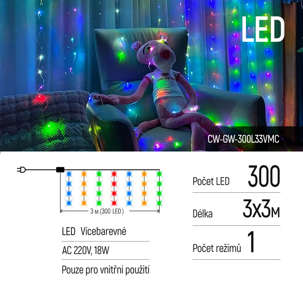 LED girlanda ColorWay - záves, 3x3m, 300LED, viacfarebná (CW-GW-300L33VMC)