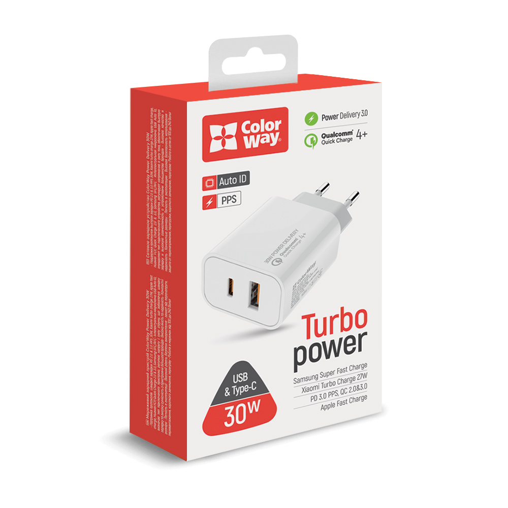 ColorWay AC nabíjačka Power Delivery Port PPS USB (Type-C PD + USB QC3.0) (30W), čierna, (CW-CHS037PD-WT)
