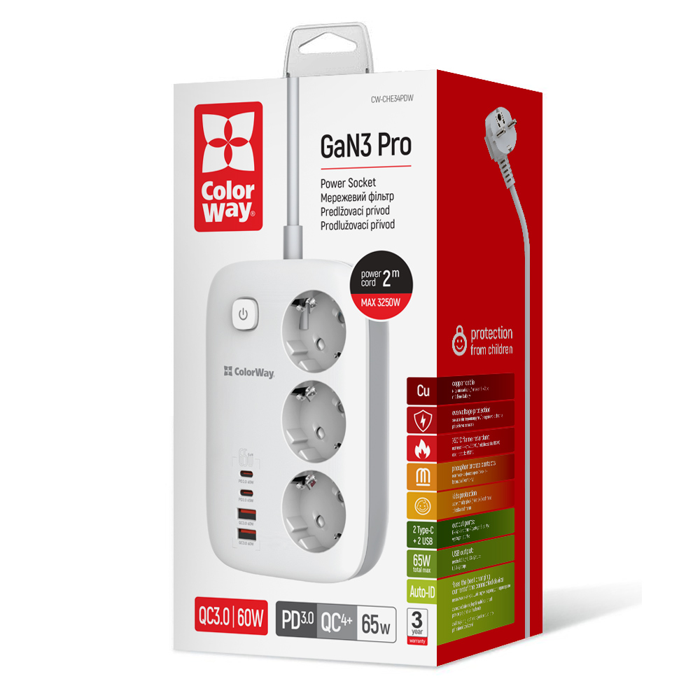 Predlžovací kábel ColorWay (3x220V/2xUSB-A/2xType-C), 65W, GaN3 Pro, biely CW-CHE34PDW