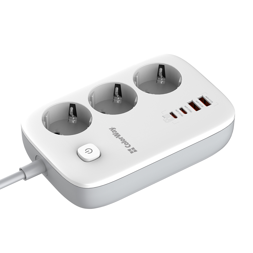 ColorWay Predlžovací kábel (3x220V/2xUSB-A/2xType-C), 65W, GaN3 Pro, biely CW-CHE34PDW