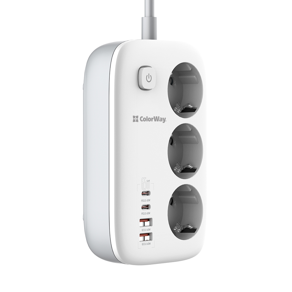 Predlžovací kábel ColorWay (3x220V/2xUSB-A/2xType-C), 65W, GaN3 Pro, biely CW-CHE34PDW