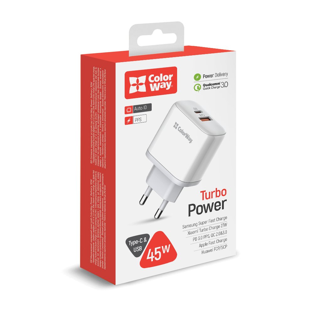 ColorWay AC nabíjačka Power Delivery Port PPS USB (Type-C PD + USB QC3.0) (45W) (CW-CHS042PD-WT) - biela