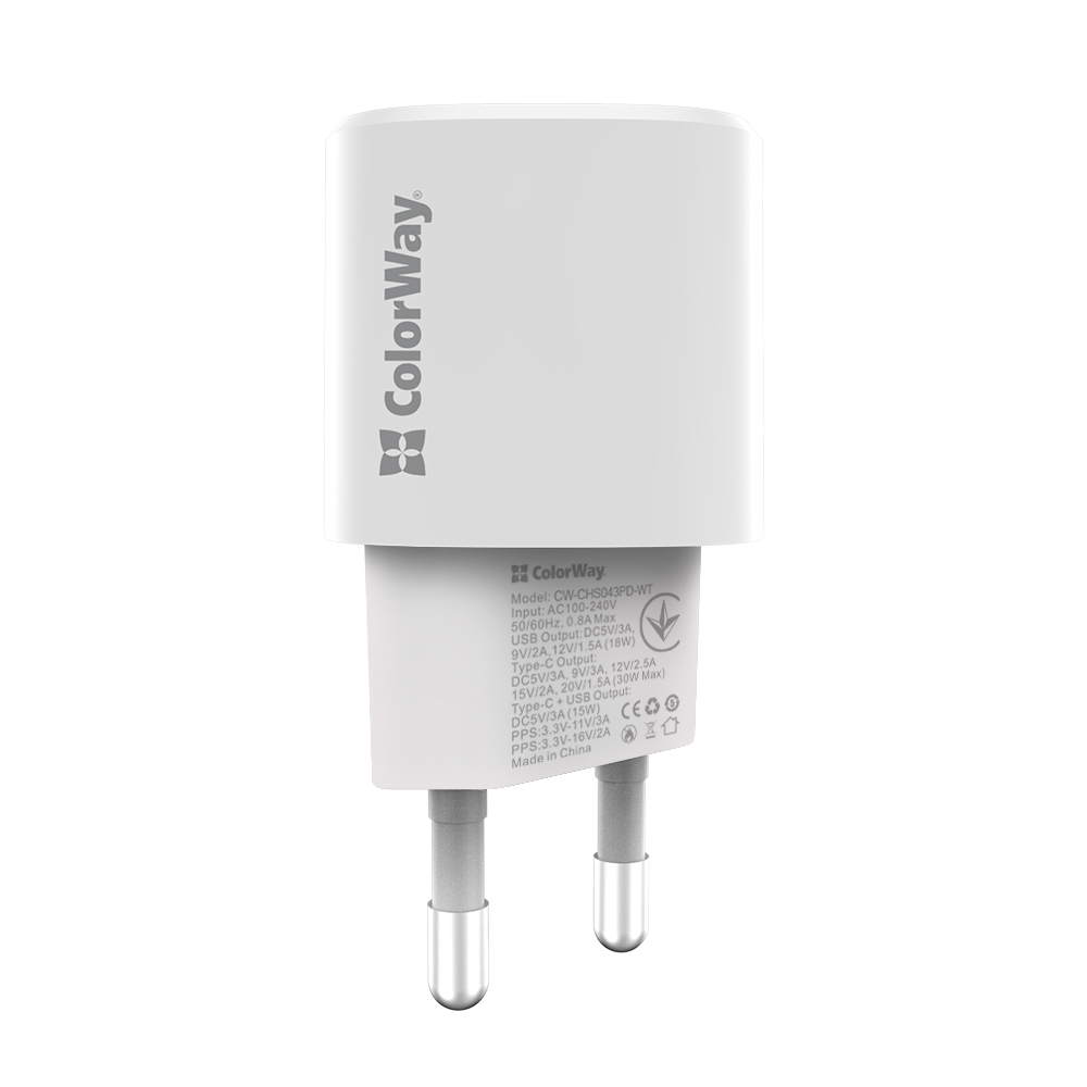 ColorWay AC nabíjačka GaN3 Power Delivery Port PPS USB (Type-C PD + USB QC3.0) (33W) biela, (CW-CHS043PD-WT)