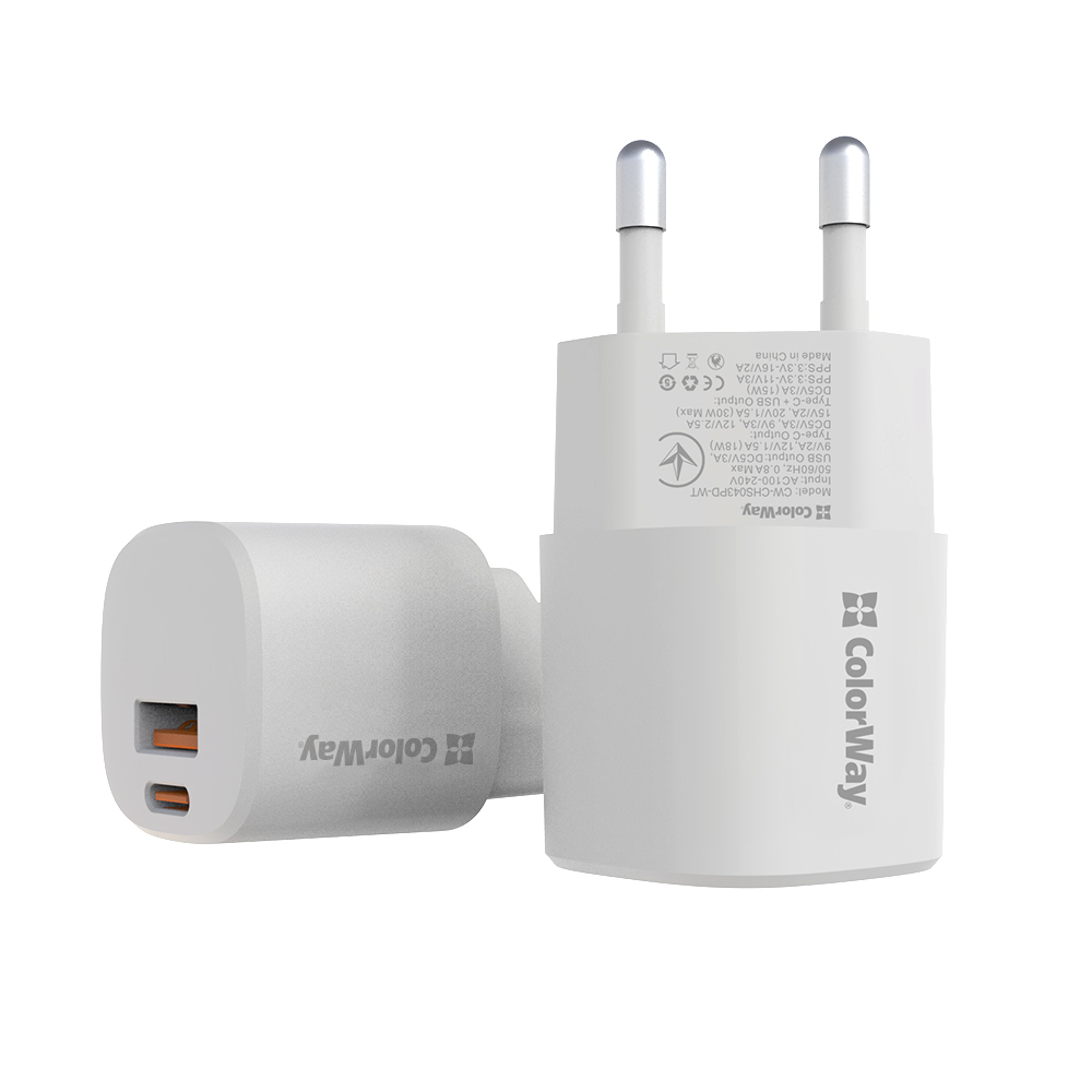 ColorWay AC nabíjačka GaN3 Power Delivery Port PPS USB (Type-C PD + USB QC3.0) (33W) biela, (CW-CHS043PD-WT)