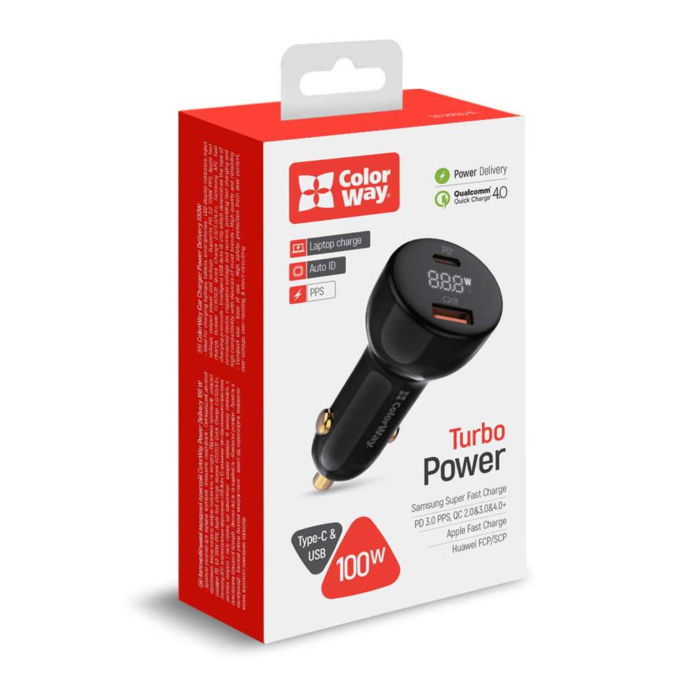 ColorWay Nabíjačka do Auta Power Delivery Port PPS USB (USB-A + USB-C) (100W) Black (CW-CHA044PD-BK)