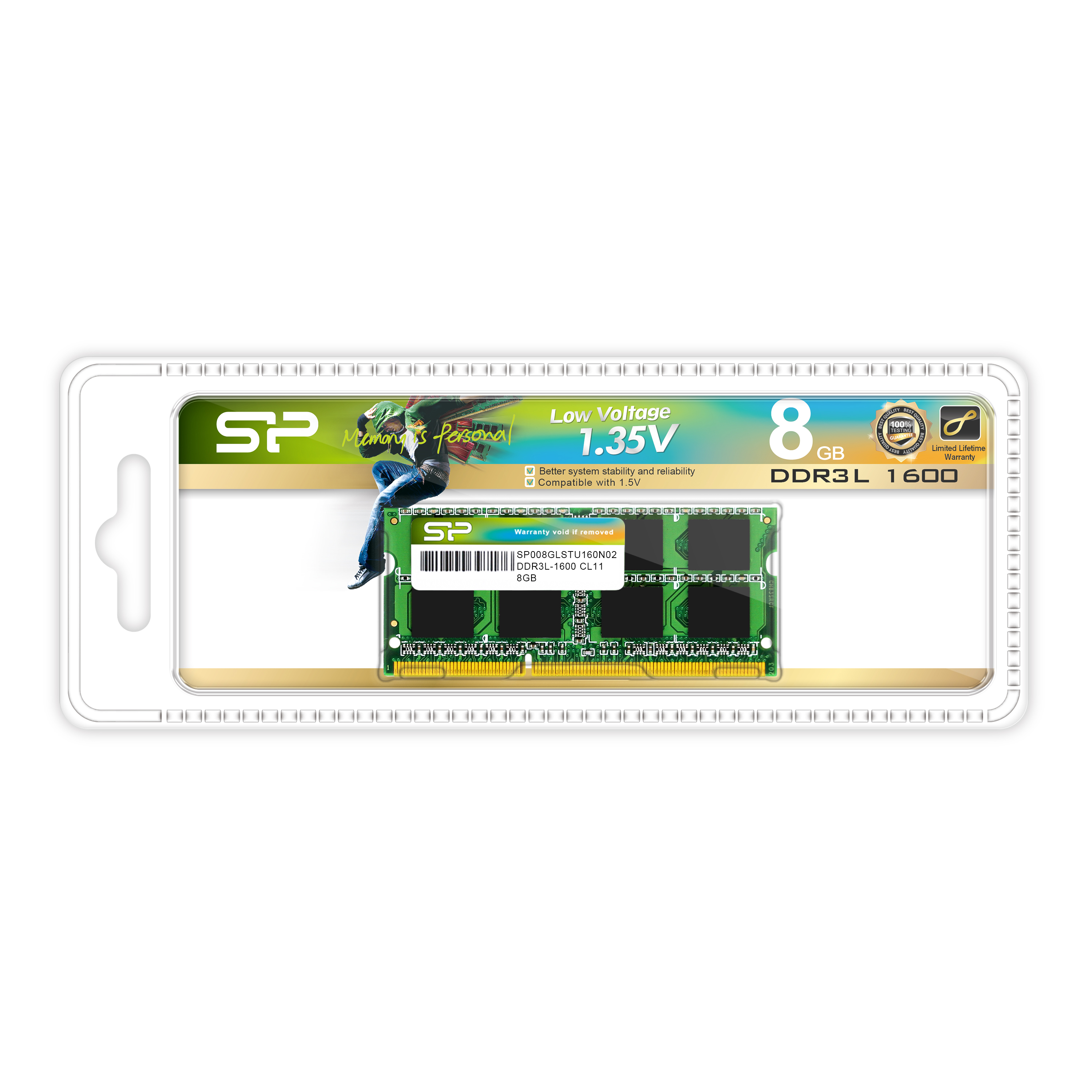 

Silicon Power 8GB, DDR3-1600,CL11,SODIMM, Low Voltage 1.35V, 512Mx8 DR, (SP008GLSTU160N02)