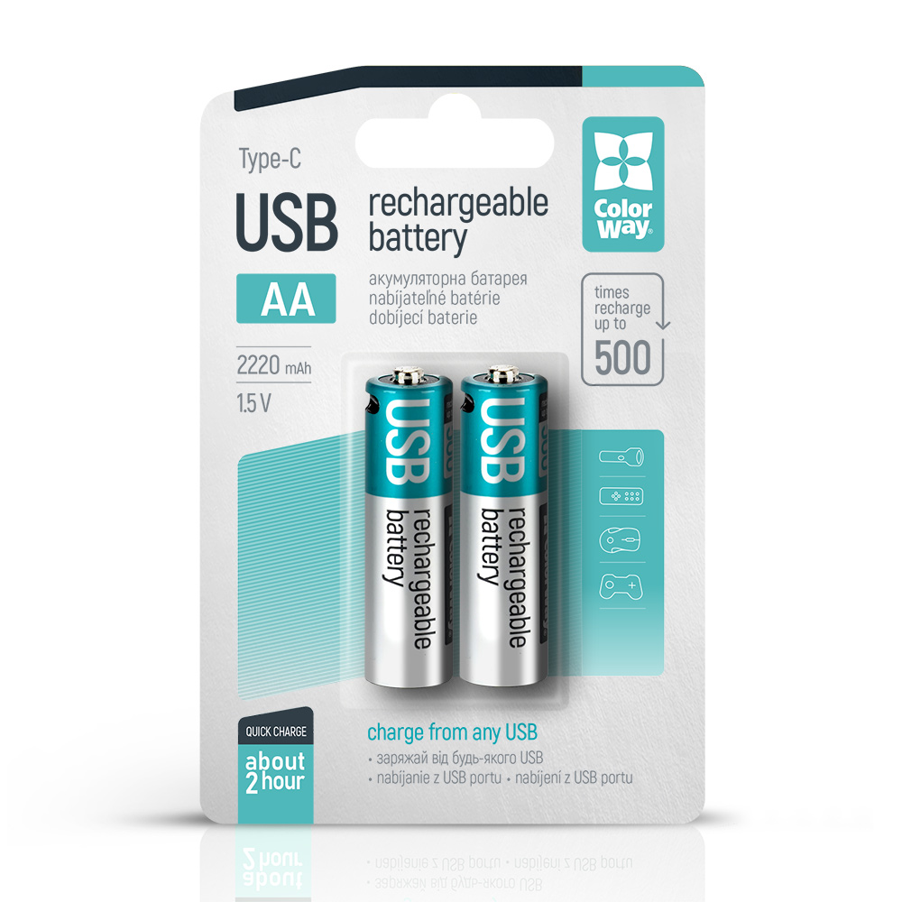 Nabíjateľné batérie ColorWay AA USB Type-C 2220mAh 1.5V - 2ks (CW-UBAA-10)