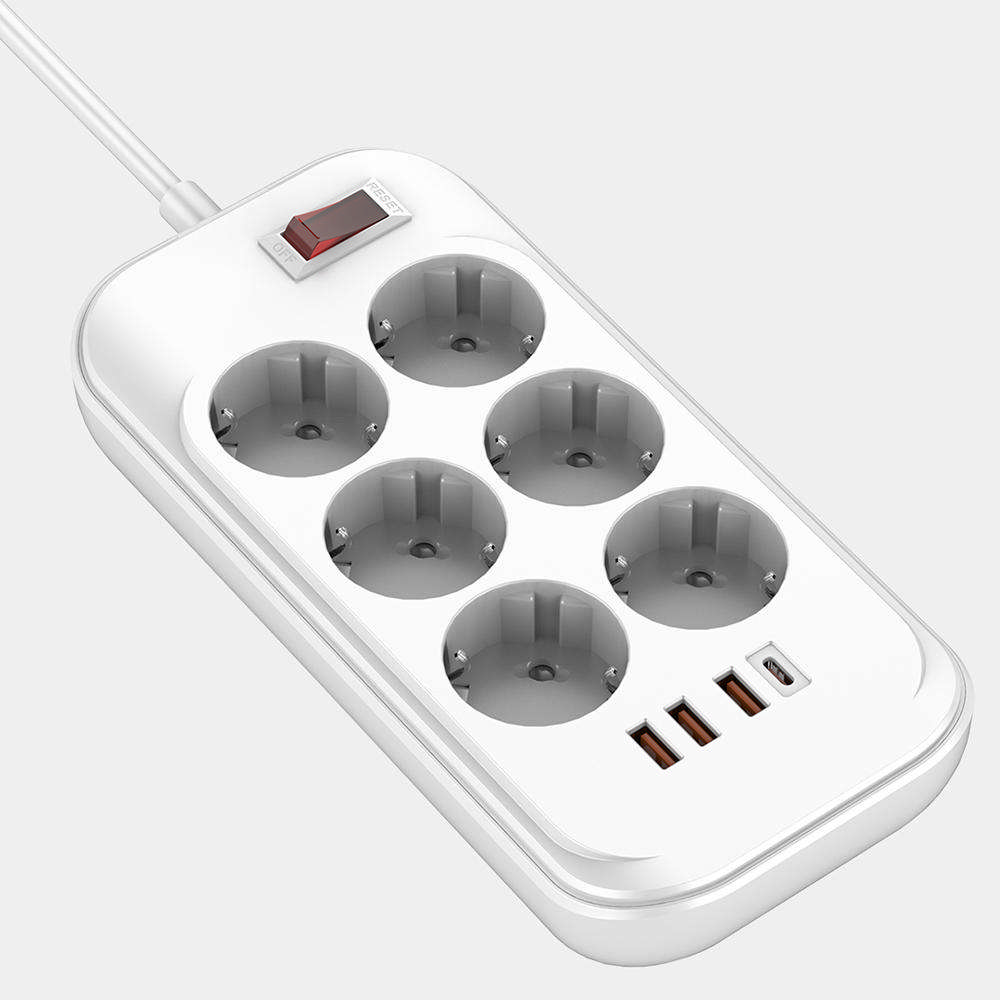 Predlžovací kábel ColorWay 6x 220V, 4x USB (Type-C PD 20W + 3USB QC3.0), 36W, 2m, biely (CW-CHE64PDW)